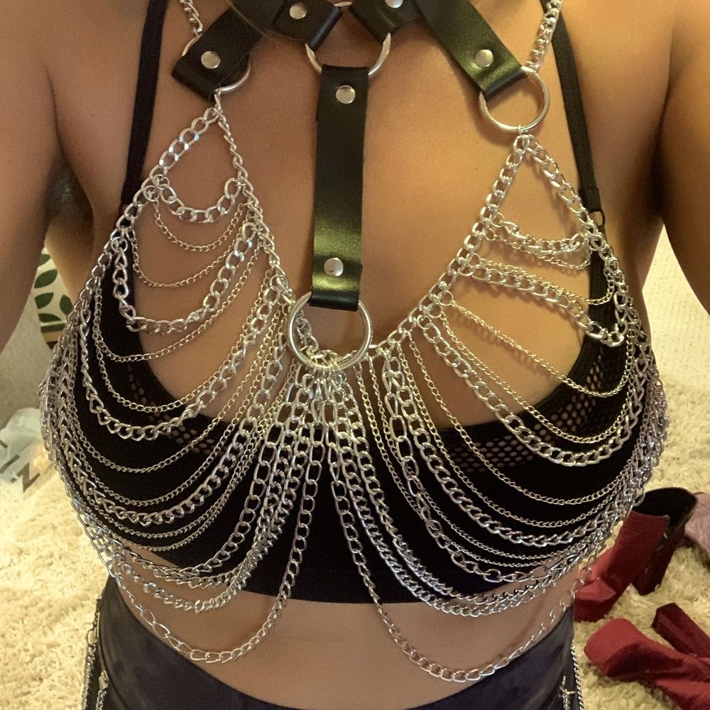 Chain Bra with Leather straps and choker. Rave Festival Burning Man